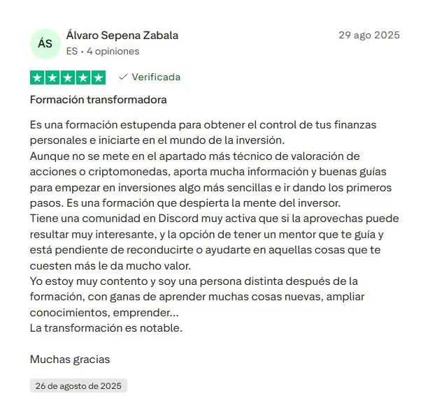 Opinión verificada Álvaro Trustpilot Método Rico - Testimonio alumno Programa Libertad Financiera