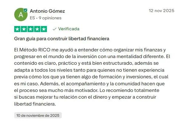 Opinión verificada Antonio Trustpilot Método Rico - Reseña real alumno Programa Libertad Financiera