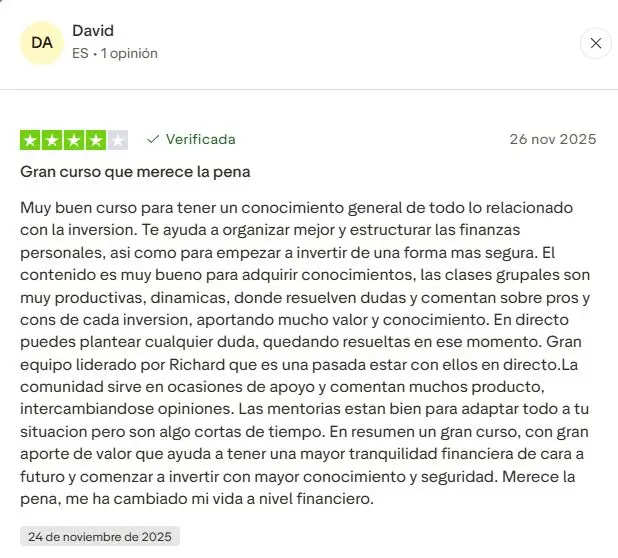 Opinión verificada David Trustpilot Método Rico - Valoración alumno Programa Libertad Financiera 360