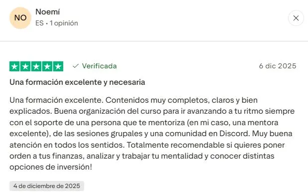 Opinión verificada Noemí Trustpilot Método Rico - Experiencia alumna Programa Libertad Financiera 360
